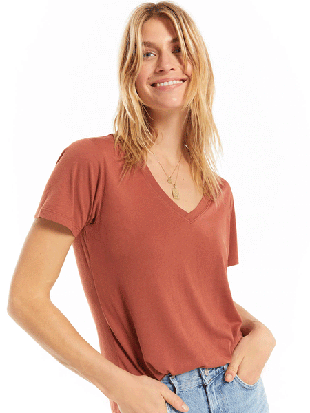 Z Supply ZT211324-RSE Womens Modal V-Neck Tee Russet front view. If you need any assistance with this item or the purchase of this item please call us at five six one seven four eight eight eight zero one Monday through Saturday 10:00a.m EST to 8:00 p.m EST