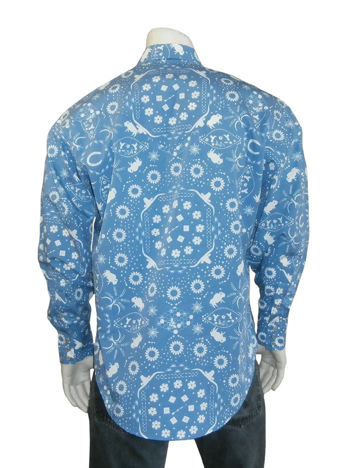 Rockmount 6733 Mens Bison Bandana Print Western Shirt Blue front view. If you need any assistance with this item or the purchase of this item please call us at five six one seven four eight eight eight zero one Monday through Saturday 10:00a.m EST to 8:00 p.m EST