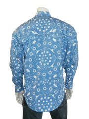Rockmount 6733 Mens Bison Bandana Print Western Shirt Blue back view. If you need any assistance with this item or the purchase of this item please call us at five six one seven four eight eight eight zero one Monday through Saturday 10:00a.m EST to 8:00 p.m EST