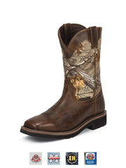 Justin WK4676 Mens Stampede Waterproof Work Boot Square Toe Camo front and side view. If you need any assistance with this item or the purchase of this item please call us at five six one seven four eight eight eight zero one Monday through Saturday 10:00a.m EST to 8:00 p.m EST