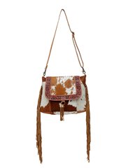 Myra Bag S-6220 Womens Blaze Handtooled Bag Brown front body hanging. If you need any assistance with this item or the purchase of this item please call us at five six one seven four eight eight eight zero one Monday through Saturday 10:00a.m EST to 8:00 p.m EST