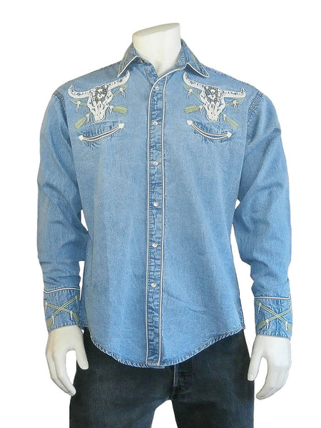 Rockmount 6703 Mens Vintage Skull & Arrow Western Shirt Denim front view