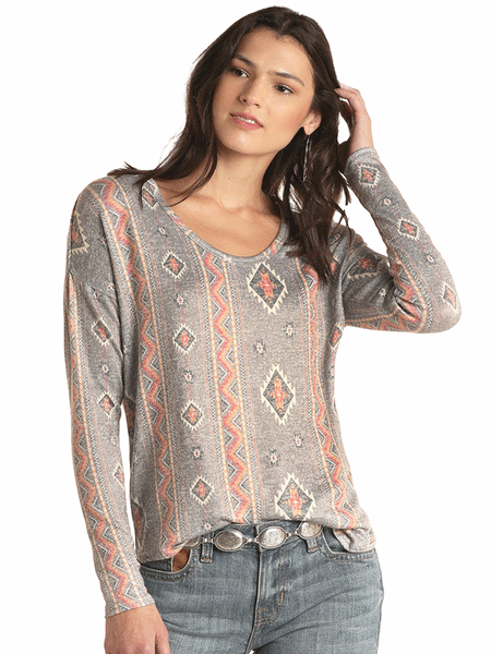 Panhandle WLWT52R0T3 Womens Long Sleeve Aztec Print Sweater Top Grey front view close up. If you need any assistance with this item or the purchase of this item please call us at five six one seven four eight eight eight zero one Monday through Saturday 10:00a.m EST to 8:00 p.m EST