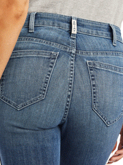 Ariat 10040804 Womens REAL High Rise Piper Flare Jean Capitola back close up. If you need any assistance with this item or the purchase of this item please call us at five six one seven four eight eight eight zero one Monday through Saturday 10:00a.m EST to 8:00 p.m EST