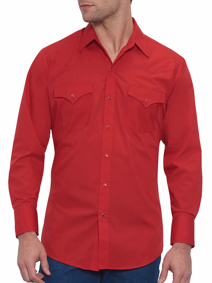 Ely Cattleman 15201905-70 Mens Long Sleeve Solid Western Shirt Red front view tucked in. If you need any assistance with this item or the purchase of this item please call us at five six one seven four eight eight eight zero one Monday through Saturday 10:00a.m EST to 8:00 p.m EST
