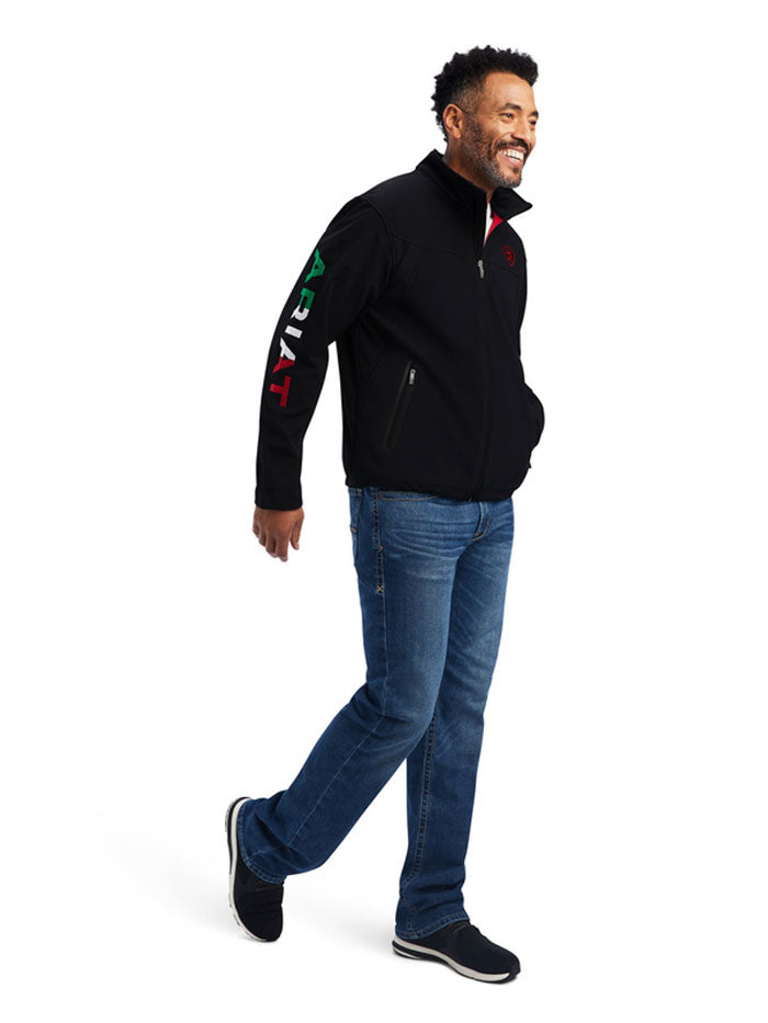 Ariat 10043055 Mens Team Mexico Logo Softshell Jacket Black front view. If you need any assistance with this item or the purchase of this item please call us at five six one seven four eight eight eight zero one Monday through Saturday 10:00a.m EST to 8:00 p.m EST