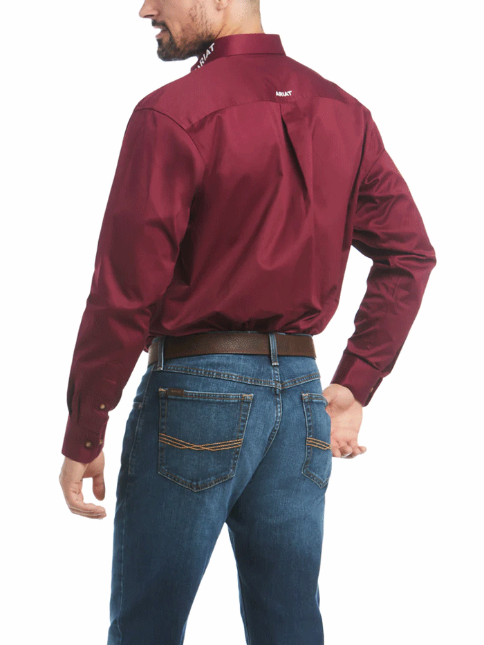Ariat 10027995 Mens Team Logo Twill Classic Fit Shirt Burgundy front and side view. If you need any assistance with this item or the purchase of this item please call us at five six one seven four eight eight eight zero one Monday through Saturday 10:00a.m EST to 8:00 p.m EST
