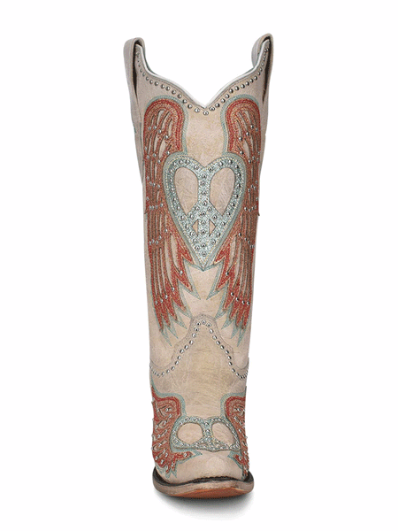Corral A4236 Ladies Heart Wings Overlay Embroidered Boots Bone full front view. If you need any assistance with this item or the purchase of this item please call us at five six one seven four eight eight eight zero one Monday through Saturday 10:00a.m EST to 8:00 p.m EST