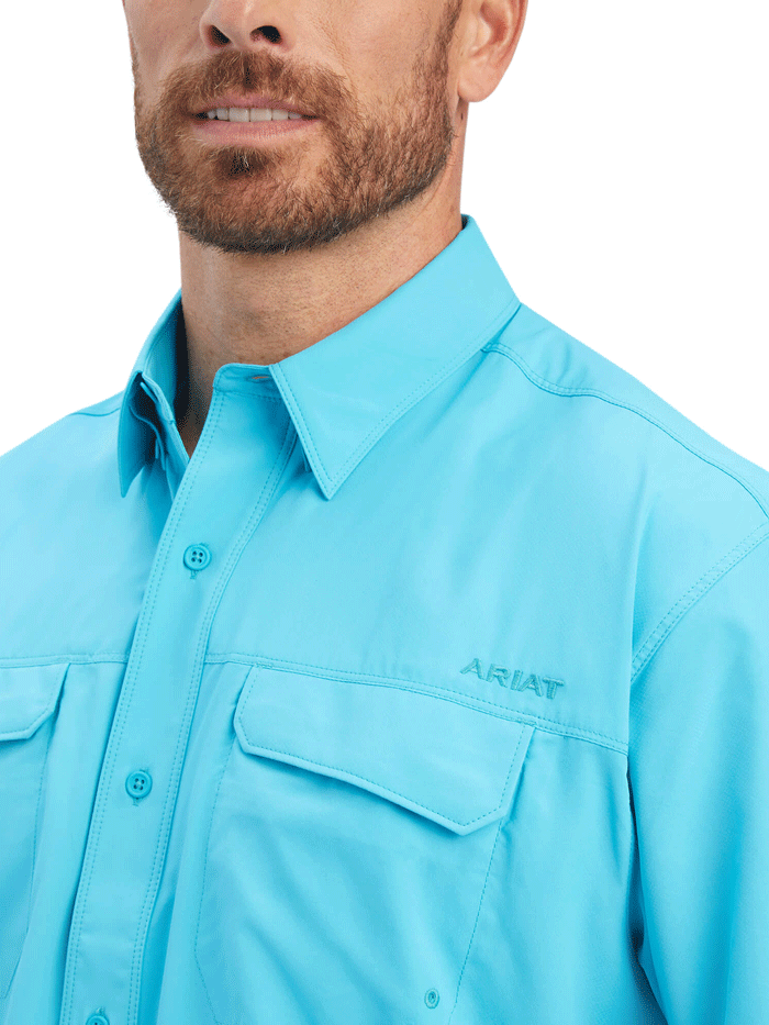 Ariat 10041122 Mens VentTEK Outbound Classic Fit Shirt Scuba Blue front view. If you need any assistance with this item or the purchase of this item please call us at five six one seven four eight eight eight zero one Monday through Saturday 10:00a.m EST to 8:00 p.m EST