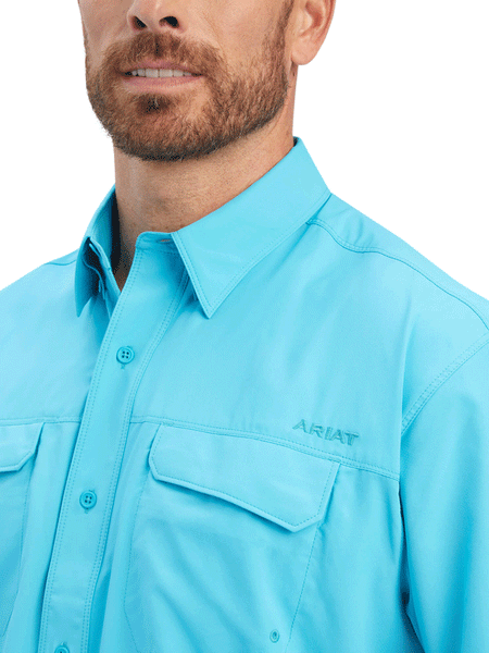 Ariat 10041122 Mens VentTEK Outbound Classic Fit Shirt Scuba Blue front close up. If you need any assistance with this item or the purchase of this item please call us at five six one seven four eight eight eight zero one Monday through Saturday 10:00a.m EST to 8:00 p.m EST