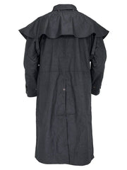 Outback Trading Company 2042-BLK Oilskin Low Rider Duster Black back view. If you need any assistance with this item or the purchase of this item please call us at five six one seven four eight eight eight zero one Monday through Saturday 10:00a.m EST to 8:00 p.m EST
