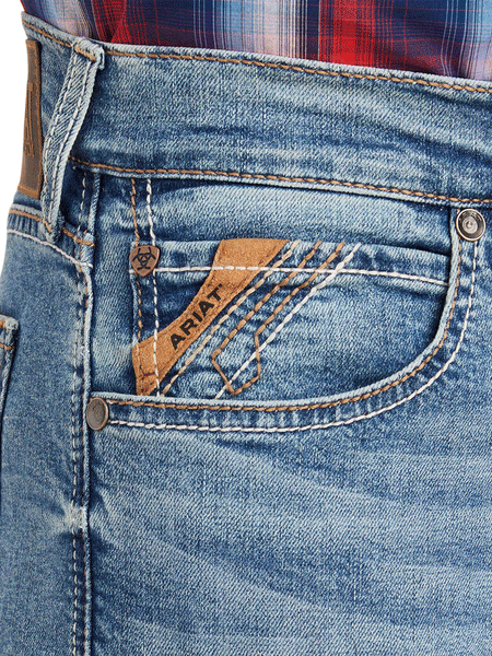 Ariat 10043184 Mens M8 Modern Ramon Slim Leg Jean Gaviota front pocket close up. If you need any assistance with this item or the purchase of this item please call us at five six one seven four eight eight eight zero one Monday through Saturday 10:00a.m EST to 8:00 p.m EST