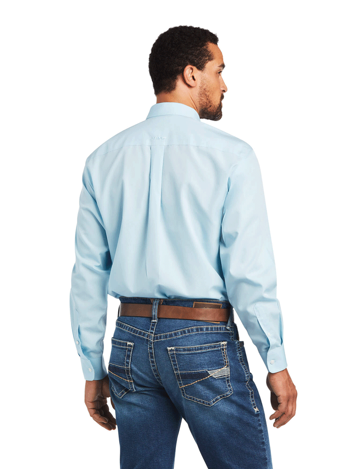 Ariat 10040586 Mens Wrinkle Free Solid Pinpoint Oxford Classic Fit Shirt Crystal Blue front view. If you need any assistance with this item or the purchase of this item please call us at five six one seven four eight eight eight zero one Monday through Saturday 10:00a.m EST to 8:00 p.m EST