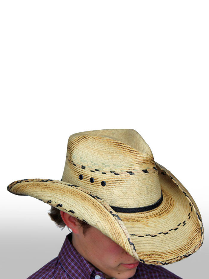 Dallas Hats  HOOEY Patterned Palm Leaf Hat With Leather Band Natural front / side view. If you need any assistance with this item or the purchase of this item please call us at five six one seven four eight eight eight zero one Monday through Saturday 10:00a.m EST to 8:00 p.m EST