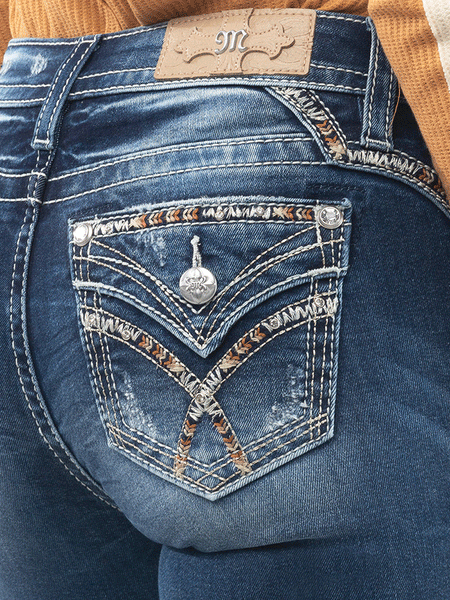 Miss Me M3444B51 Mid-Rise Boot Jean Peace and Love Dark Blue back pocket detail. If you need any assistance with this item or the purchase of this item please call us at five six one seven four eight eight eight zero one Monday through Saturday 10:00a.m EST to 8:00 p.m EST