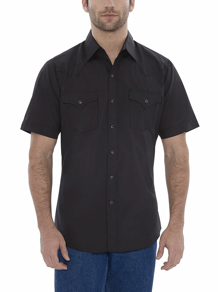 Ely Cattleman 15201605-89 Mens Short Sleeve Solid Western Shirt Black front view tucked in. If you need any assistance with this item or the purchase of this item please call us at five six one seven four eight eight eight zero one Monday through Saturday 10:00a.m EST to 8:00 p.m EST