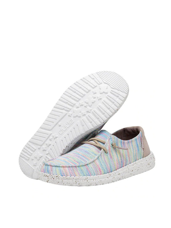 Hey Dude 121920214 Womens Wendy Sox Shoe Aurora White front and sole view. If you need any assistance with this item or the purchase of this item please call us at five six one seven four eight eight eight zero one Monday through Saturday 10:00a.m EST to 8:00 p.m EST