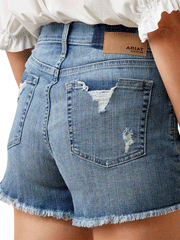 Ariat 10044365 Womens Jazmine Boyfriend Denim Short Bombshell back pocket close up. If you need any assistance with this item or the purchase of this item please call us at five six one seven four eight eight eight zero one Monday through Saturday 10:00a.m EST to 8:00 p.m EST
