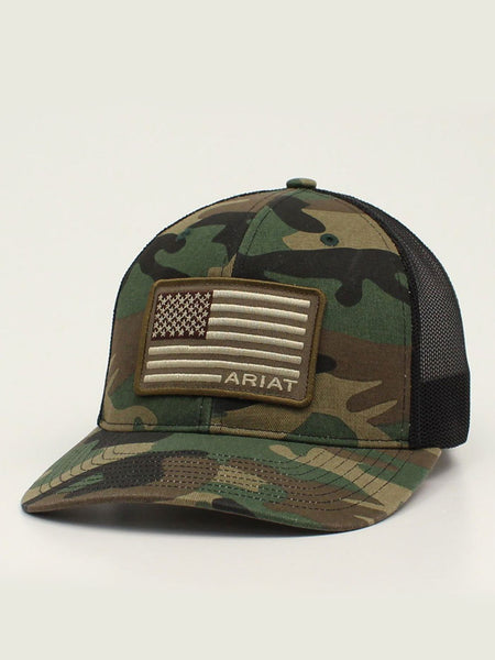 Ariat A3000158222 Snapback R112 USA Flag Patch Cap Camo front view. If you need any assistance with this item or the purchase of this item please call us at five six one seven four eight eight eight zero one Monday through Saturday 10:00a.m EST to 8:00 p.m EST