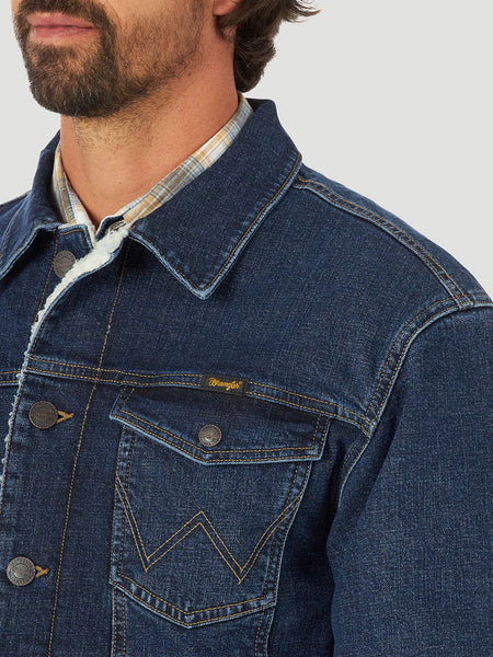 Wrangler 112318302 Mens Retro Sherpa Lined Western Denim Jacket Dusty Blue pocket close up. If you need any assistance with this item or the purchase of this item please call us at five six one seven four eight eight eight zero one Monday through Saturday 10:00a.m EST to 8:00 p.m EST