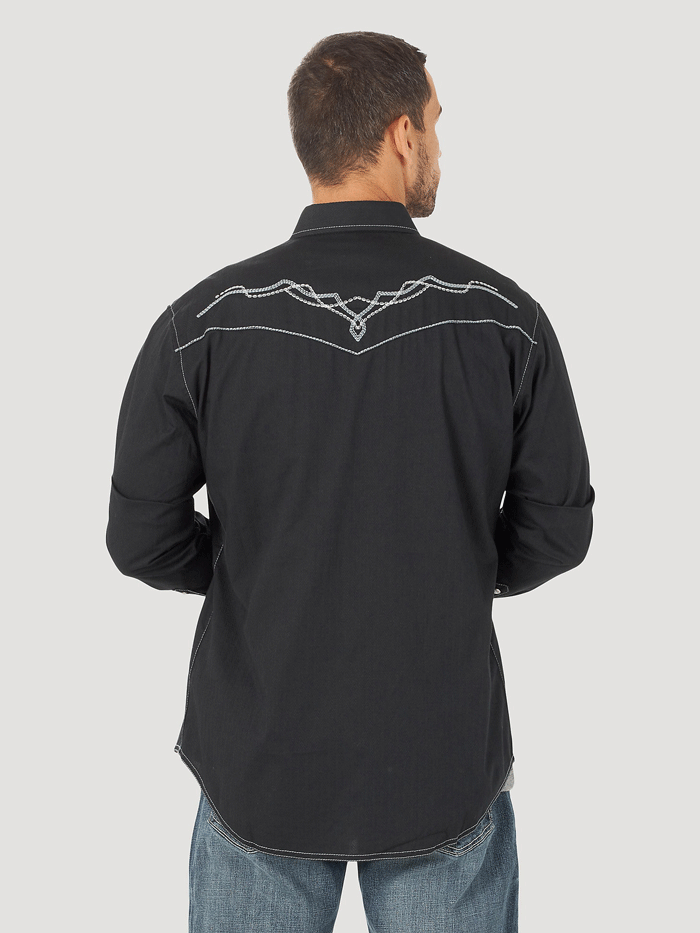 Wrangler 112317112 Mens Rock 47 Long Sleeve Embroidered Yoke Shirt Black Beauty front view. If you need any assistance with this item or the purchase of this item please call us at five six one seven four eight eight eight zero one Monday through Saturday 10:00a.m EST to 8:00 p.m EST 
