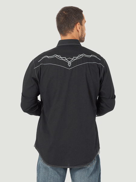 Wrangler 112317112 Mens Rock 47 Long Sleeve Embroidered Yoke Shirt Black Beauty back view. If you need any assistance with this item or the purchase of this item please call us at five six one seven four eight eight eight zero one Monday through Saturday 10:00a.m EST to 8:00 p.m EST