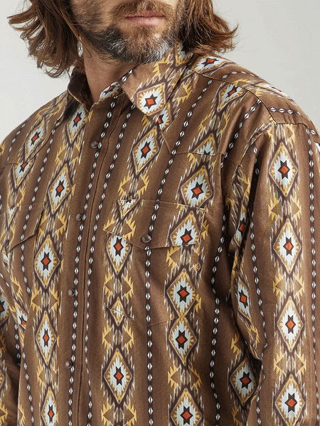 Wrangler 112318601 Mens Checotah Printed Shirt Molasses front close up. If you need any assistance with this item or the purchase of this item please call us at five six one seven four eight eight eight zero one Monday through Saturday 10:00a.m EST to 8:00 p.m EST