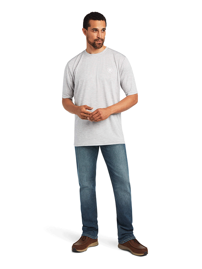 Ariat 10040634 Mens Charger Vertical Flag Tee Echo Gray back view. If you need any assistance with this item or the purchase of this item please call us at five six one seven four eight eight eight zero one Monday through Saturday 10:00a.m EST to 8:00 p.m EST