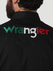 Wrangler 112317124 Mens Mexico Flag Logo Snap Shirt Black back close up. If you need any assistance with this item or the purchase of this item please call us at five six one seven four eight eight eight zero one Monday through Saturday 10:00a.m EST to 8:00 p.m EST