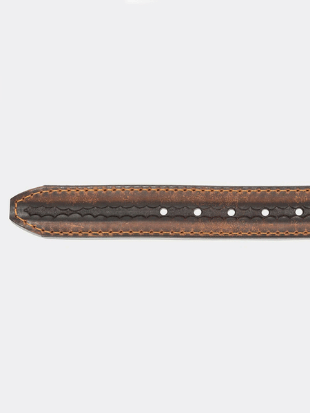 Vintage Bison VB-64062 Mens Big Timber Leather Belt Mocha tip of belt detail. If you need any assistance with this item or the purchase of this item please call us at five six one seven four eight eight eight zero one Monday through Saturday 10:00a.m EST to 8:00 p.m EST