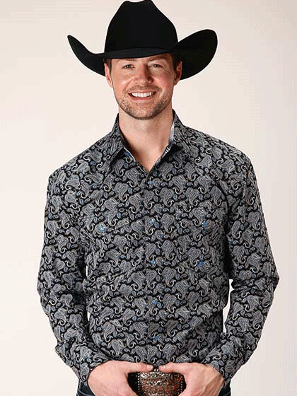 Roper 03-001-0225-0179 Mens Starry Night Paisley Long Sleeve Western Shirt Black front view. If you need any assistance with this item or the purchase of this item please call us at five six one seven four eight eight eight zero one Monday through Saturday 10:00a.m EST to 8:00 p.m EST