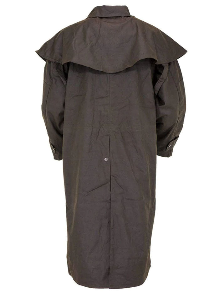 Outback Trading Company 2042-BRN Oilskin Low Rider Duster Brown front view. If you need any assistance with this item or the purchase of this item please call us at five six one seven four eight eight eight zero one Monday through Saturday 10:00a.m EST to 8:00 p.m EST