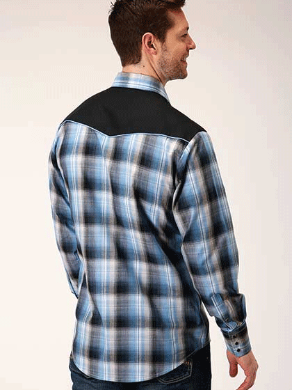 Roper 01-001-0024-1000 Mens Long Sleeve Plaid Western Shirt Blue front view. If you need any assistance with this item or the purchase of this item please call us at five six one seven four eight eight eight zero one Monday through Saturday 10:00a.m EST to 8:00 p.m EST
