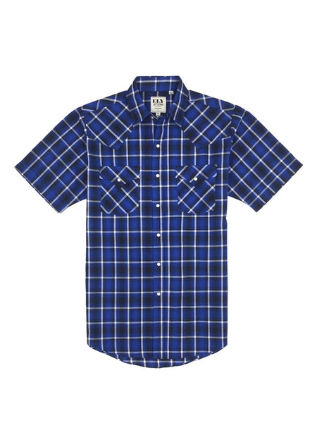 Ely Cattleman E1F202607-NV Mens Short Sleeve Plaid Shirt Navy front view. If you need any assistance with this item or the purchase of this item please call us at five six one seven four eight eight eight zero one Monday through Saturday 10:00a.m EST to 8:00 p.m EST 