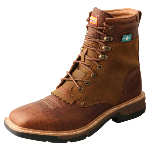 Twisted X MXLW001 Mens CellStretch Lacer Waterproof Work Boot Cognac  front and side view. If you need any assistance with this item or the purchase of this item please call us at five six one seven four eight eight eight zero one Monday through Saturday 10:00a.m EST to 8:00 p.m EST