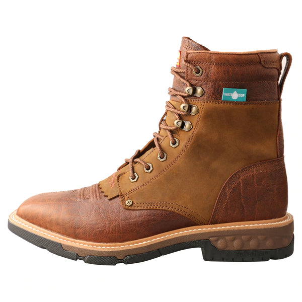 Twisted X MXLW001 Mens CellStretch Lacer Waterproof Work Boot Cognac  outter side view. If you need any assistance with this item or the purchase of this item please call us at five six one seven four eight eight eight zero one Monday through Saturday 10:00a.m EST to 8:00 p.m EST