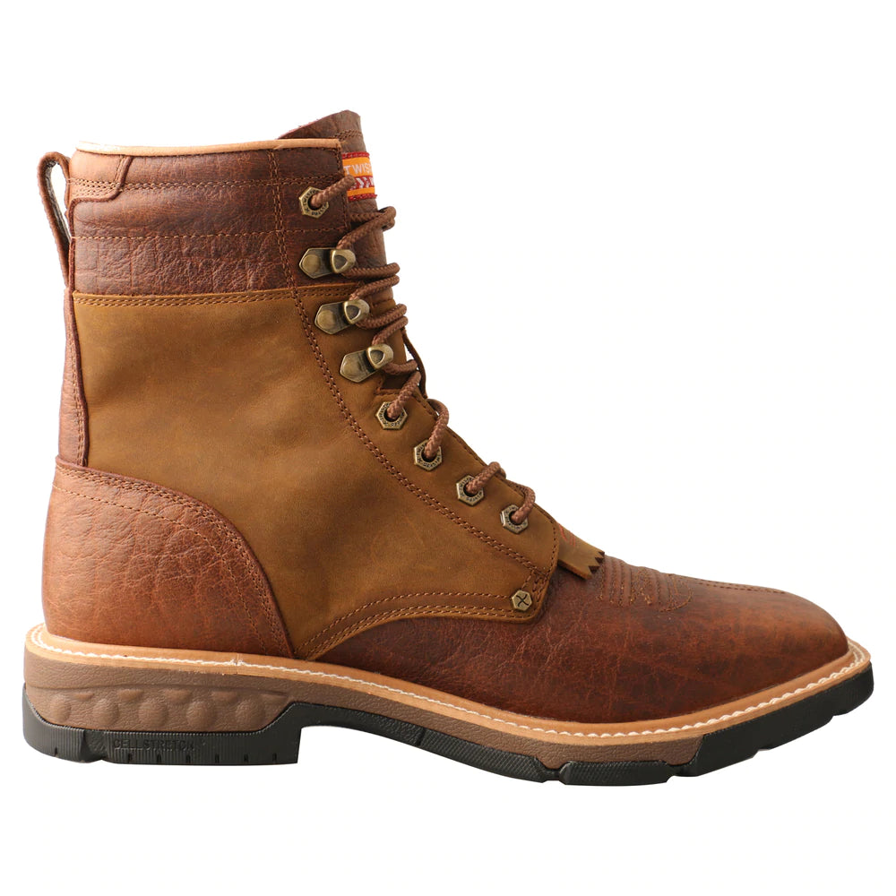 Twisted X MXLW001 Mens CellStretch Lacer Waterproof Work Boot Cognac  front and side view. If you need any assistance with this item or the purchase of this item please call us at five six one seven four eight eight eight zero one Monday through Saturday 10:00a.m EST to 8:00 p.m EST