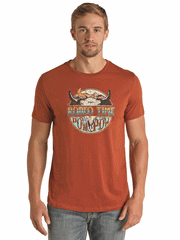 Rock & Roll Denim P9-3365 Mens Dale Brisby Rodeo Time Tee Shirt Rust full front view. If you need any assistance with this item or the purchase of this item please call us at five six one seven four eight eight eight zero one Monday through Saturday 10:00a.m EST to 8:00 p.m EST