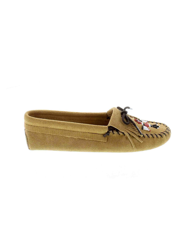 Minnetonka 151 Women's Thunderbird Softsole Moccasin Tan front and side view. If you need any assistance with this item or the purchase of this item please call us at five six one seven four eight eight eight zero one Monday through Saturday 10:00a.m EST to 8:00 p.m EST