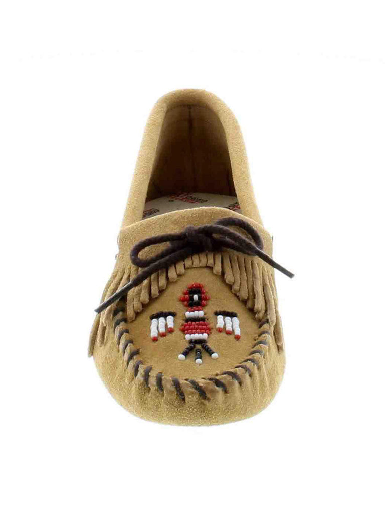 Minnetonka 151 Women's Thunderbird Softsole Moccasin Tan front and side view. If you need any assistance with this item or the purchase of this item please call us at five six one seven four eight eight eight zero one Monday through Saturday 10:00a.m EST to 8:00 p.m EST