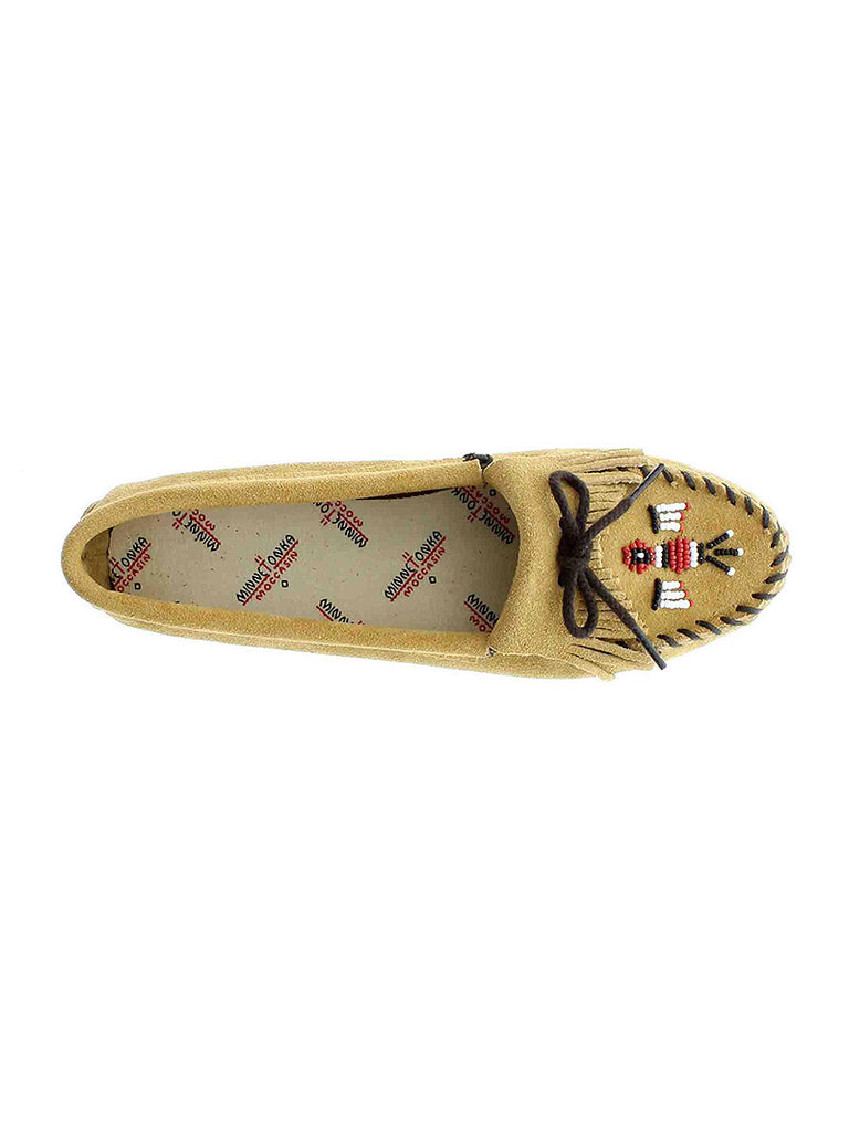 Minnetonka 151 Women's Thunderbird Softsole Moccasin Tan front and side view. If you need any assistance with this item or the purchase of this item please call us at five six one seven four eight eight eight zero one Monday through Saturday 10:00a.m EST to 8:00 p.m EST