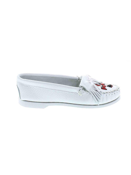 Women's Minnetonka White Thunderbird Boat Sole 174 side view. If you need any assistance with this item or the purchase of this item please call us at five six one seven four eight eight eight zero one Monday through Saturday 10:00a.m EST to 8:00 p.m EST
