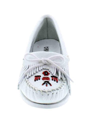 Women's Minnetonka White Thunderbird Boat Sole 174 front view. If you need any assistance with this item or the purchase of this item please call us at five six one seven four eight eight eight zero one Monday through Saturday 10:00a.m EST to 8:00 p.m EST