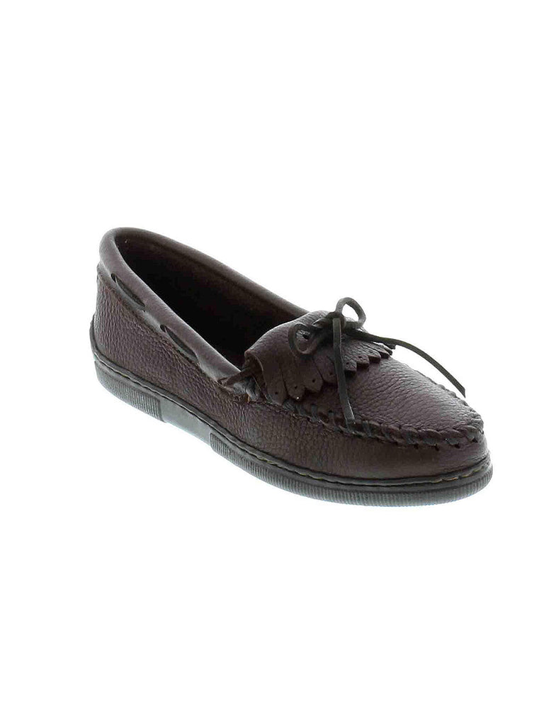 Minnetonka 392 Women's Moosehide Fringed Kilty Moc Chocolate front and side view. If you need any assistance with this item or the purchase of this item please call us at five six one seven four eight eight eight zero one Monday through Saturday 10:00a.m EST to 8:00 p.m EST