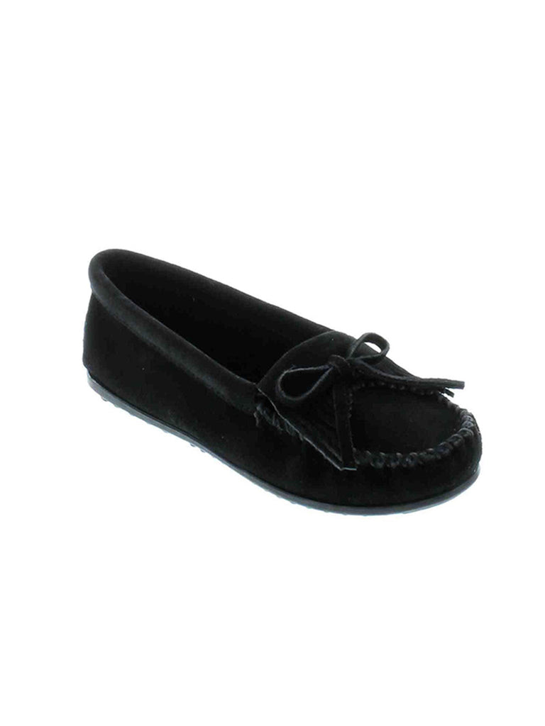 Minnetonka 400 Women's Kilty Suede Moc Hardsole Black front and side view. If you need any assistance with this item or the purchase of this item please call us at five six one seven four eight eight eight zero one Monday through Saturday 10:00a.m EST to 8:00 p.m EST