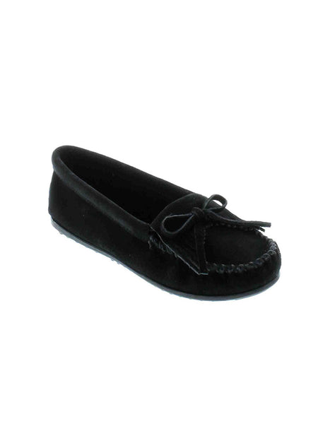 Minnetonka 400 Women's Kilty Suede Moc Hardsole Black front and side view. If you need any assistance with this item or the purchase of this item please call us at five six one seven four eight eight eight zero one Monday through Saturday 10:00a.m EST to 8:00 p.m EST