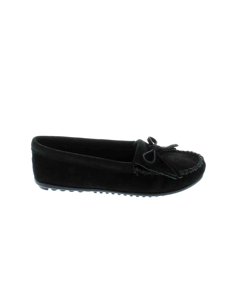 Minnetonka 400 Women's Kilty Suede Moc Hardsole Black front and side view. If you need any assistance with this item or the purchase of this item please call us at five six one seven four eight eight eight zero one Monday through Saturday 10:00a.m EST to 8:00 p.m EST
