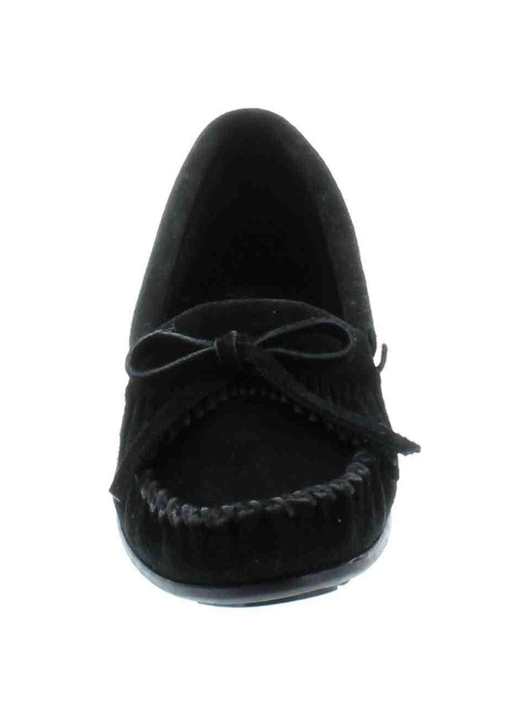 Minnetonka 400 Women's Kilty Suede Moc Hardsole Black front and side view. If you need any assistance with this item or the purchase of this item please call us at five six one seven four eight eight eight zero one Monday through Saturday 10:00a.m EST to 8:00 p.m EST