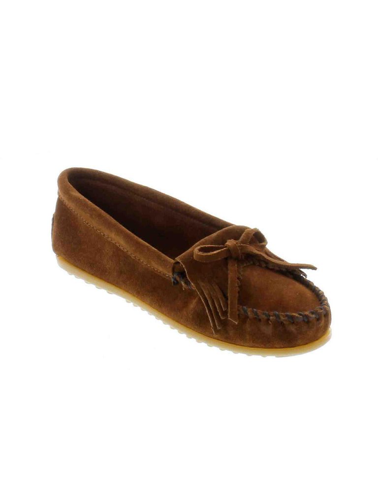 Women's Minnetonka Kilty Brown Suede Moc Hardsole 402 front and side view. If you need any assistance with this item or the purchase of this item please call us at five six one seven four eight eight eight zero one Monday through Saturday 10:00a.m EST to 8:00 p.m EST