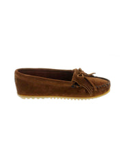 Women's Minnetonka Kilty Brown Suede Moc Hardsole 402 side view. If you need any assistance with this item or the purchase of this item please call us at five six one seven four eight eight eight zero one Monday through Saturday 10:00a.m EST to 8:00 p.m EST